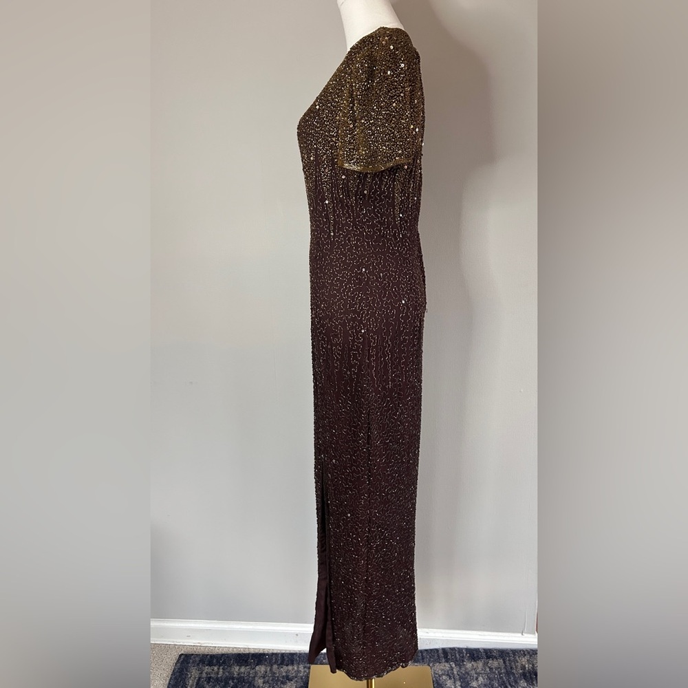 VINTAGE STENAY Silk Brown Bead Gown Art Deco Hollywood Glam Formal Maxi Dress 2 - Picture 11 of 13